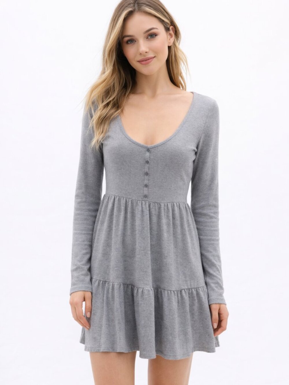 Wild Fable Gray Babydoll Mini Dress Tiered Long Sleeve Scoop Neck  Size S